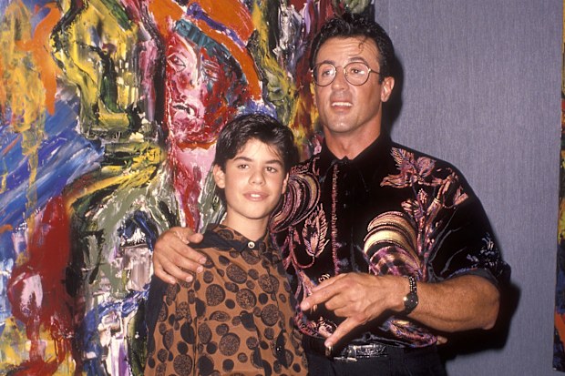 Actor Sylvester Stallone and son Sage attend Sylvester Stallone's Paintings Opening Night Exhibition and Cocktail Reception to Benefit Yes on Proposition 128 "Big Green" on September 10, 1990 at Hanson Galleries in Beverly Hills, California.