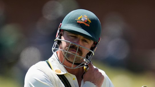 Travis Head walks off after making a ton in the second Test against South Africa.