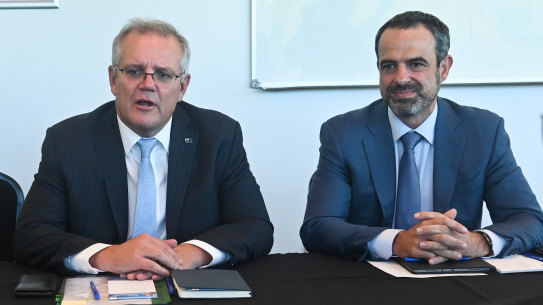 Prime Minister Scott Morrison at a roundtable discussion on vaccines with GPs and AMA president Dr Omar Khorshid in Perth.
