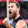 MELBOURNE, AUSTRALIA - MAY 09: Harry McKay of the Blues celebrates kicking a goal during the round nine AFL match between St Kilda Saints and Carlton Blues at Melbourne Cricket Ground, on May 09, 2025, in Melbourne, Australia. (Photo by Josh Chadwick/AFL Photos/Getty Images)