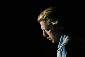 Becker makes his way into a Madrid venue for a seniors match against Jim Courier in 2008.