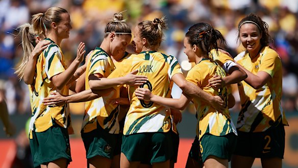 The Matildas celebrate a goal this month against Chile. 
