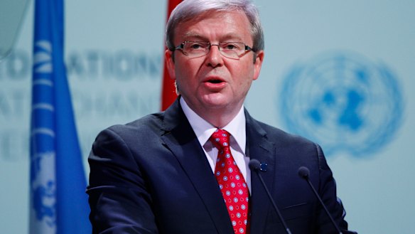 Then-prime minister Kevin Rudd delivers a speech in the plenary of the UN climate summit in Copenhagen in 2009.