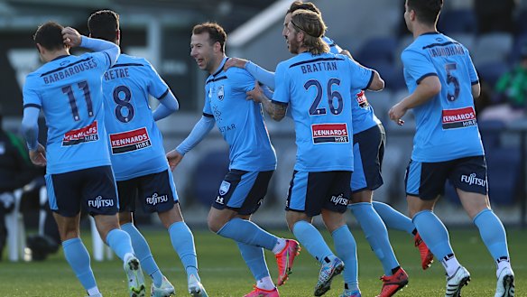 Adam Le Fondre celebrates after converting from the spot at Mars Stadium in Ballarat.