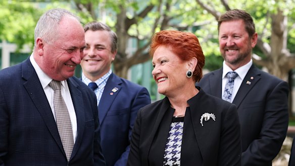 One Nation recruit Barnaby Joyce (left) with leader Pauline Hanson and fellow senators Sean Bell and Tyron Whitten.