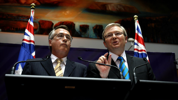 Then treasurer Wayne Swan and prime minister Kevin Rudd announce the economic stimulus package in 2008.