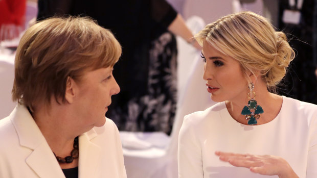 Ivanka Trump talks to German Chancellor Angela Merkel at a dinner after the W20 summit in Berlin in 2017.