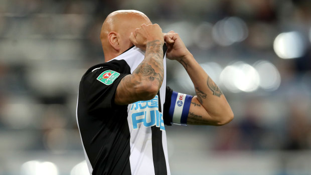 Newcastle's Jonjo Shelvey reacts after missing a penalty in their loss to Leicester City.