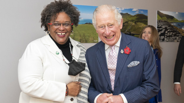 “Try harder”: Prince Charles, Prince of Wales with  Prime Minister of Barbados Mia Amor Mottley at the summit. Mottley’s speech was a neatly sketched picture of what needed to happen to address climate change.