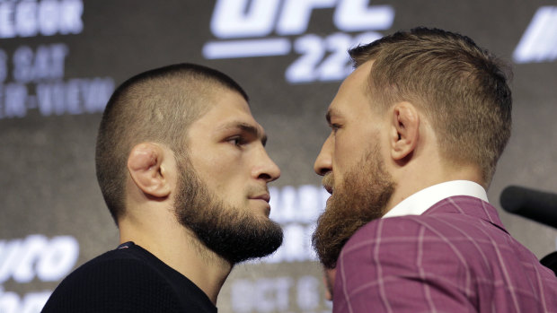 Showtime: Conor McGregor (right) and Khabib Nurmagomedov pose ahead of the Irishman's return to the octagon.