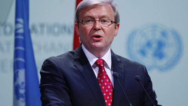 Then-prime minister Kevin Rudd delivers a speech in the plenary of the UN climate summit in Copenhagen in 2009.