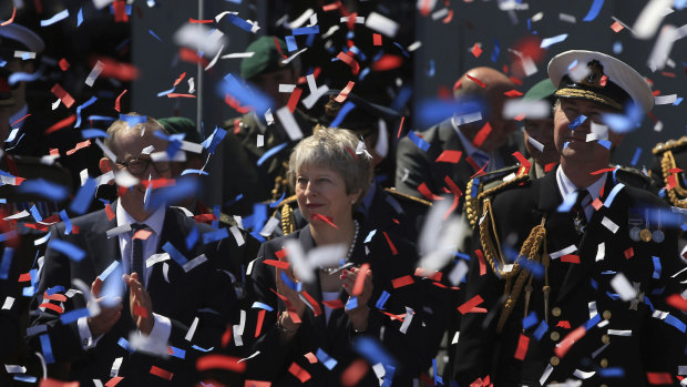 Britain's Prime Minister Theresa May during celebrations marking National Armed Forces Day in Llandudno, Wales, on Saturday June 30, 2018. 