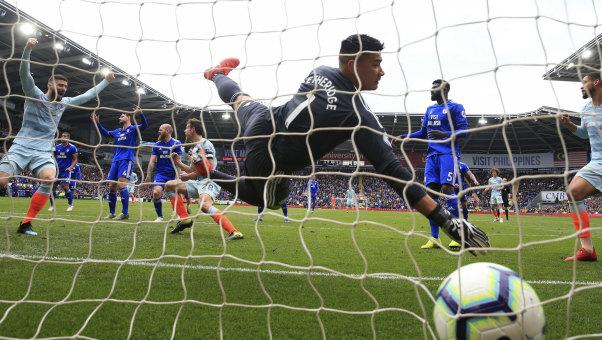 Chelsea's Cesar Azpilicueta scores his side's first goal at Cardiff City Stadium on Sunday.
