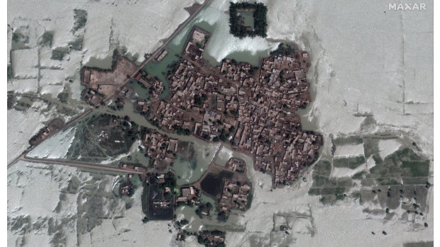 The same village and fields in Rajanpur, Pakistan, on August 28.  The country’s climate minister called the deadly monsoon season “a serious climate catastrophe”.