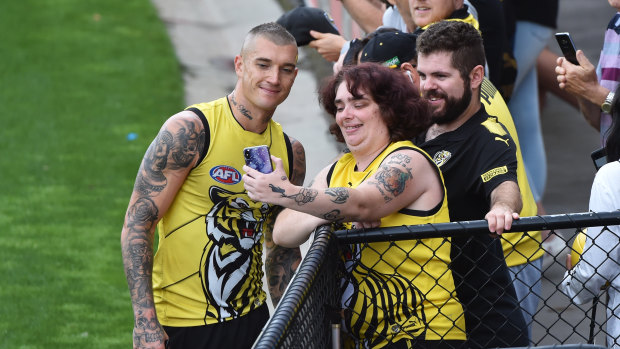 Dustin Martin with fans at training this week.