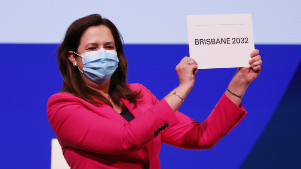 Ms Palaszczuk celebrates after Brisbane was announced as the 2032 Summer Olympics host city.
