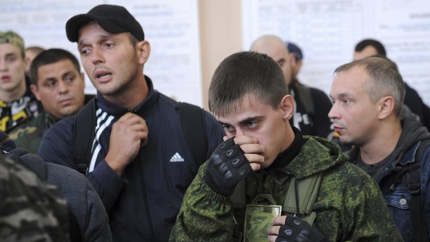 Russian recruits gather at a military recruitment centre of Bataysk, Rostov-on-Don region, south of Moscow.