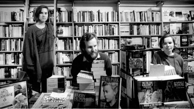 Mr. Roger MacKell (at centre) with two of his employees Louise Arnold (at left) and Anneliese French at Gleebooks. 