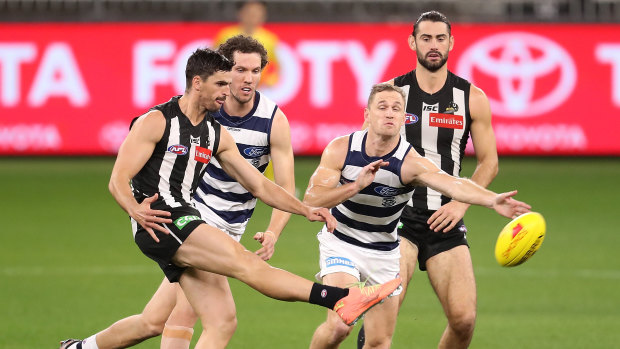 Captain Scott Pendlebury was superb for Collingwood against Geelong at the historic fixture at Optus Stadium.