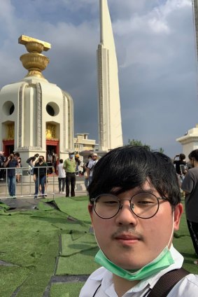 Narathorn Chotmankongsin at the Democracy Monument for a protest on October 14, 2020.