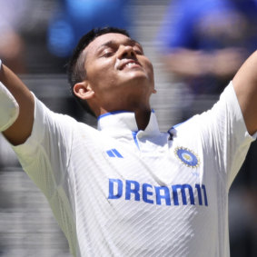India’s Yashasvi Jaiswal celebrates his century.