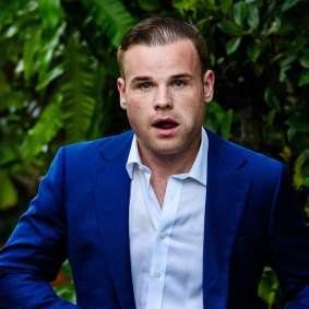 Taylor Auerbach leaves his Elizabeth Bay home before giving press conference earlier this year.