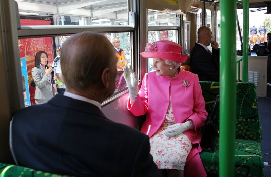 Queen Elizabeth II and the Duke of Edinburgh on a Melbourne tram in 2011.