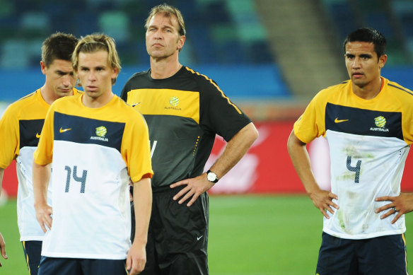 The Socceroos at their first training session in Durban ahead of their opening game against Germany at the 2010 World Cup in South Africa.