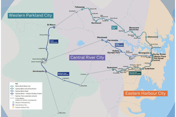 Current, planned and potential Sydney Metro lines. 