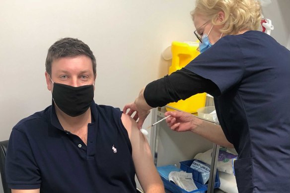Victorian Liberal MP Tim Smith, 37, receiving the AstraZeneca vaccine.
