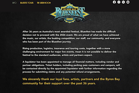A screengrab from the Bluesfest website showing the message that the 2026 festival was cancelled. 