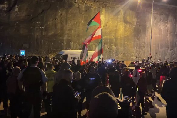 Scenes from the pro-Palestinian protest at the Sydney Opera House on Monday night.