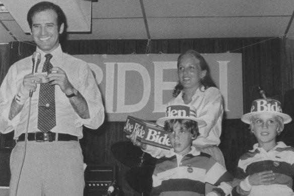 Joe Biden campaigns for the presidency in 1988 with his wife, Jill, and children, Hunter (left) and Beau.