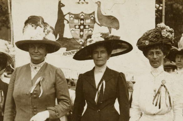 Vida Goldstein (right) at the Great Suffragette Demonstration in London, 1911, with Emily McGowen next to her and Margaret Fisher.  