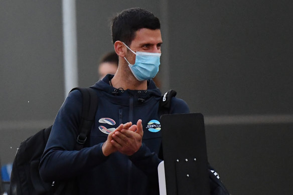 Novak Djokovic arrives to serve hotel quarantine in Adelaide before the Australian Open.