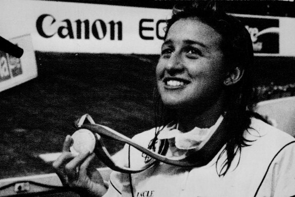 Hayley Lewis with her gold medal at the Swimming World Championship, Perth Superdrome. January 8, 1991.