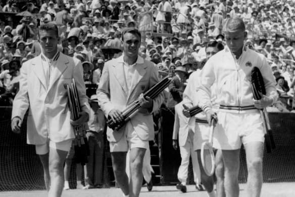 Legends of the day: Americans Tony Trabert and Vic Seixas, and Australia's Ken Rosewall and Lew Hoad, before their Davis Cup clash at White City in 1954.