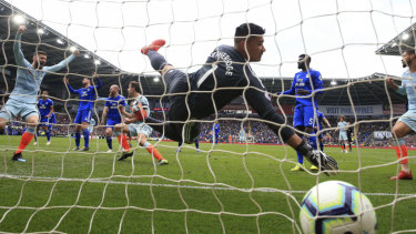 Chelsea's Cesar Azpilicueta scores his side's first goal at Cardiff City Stadium on Sunday.