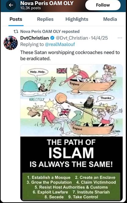 A screenshot of the post Peris shared.