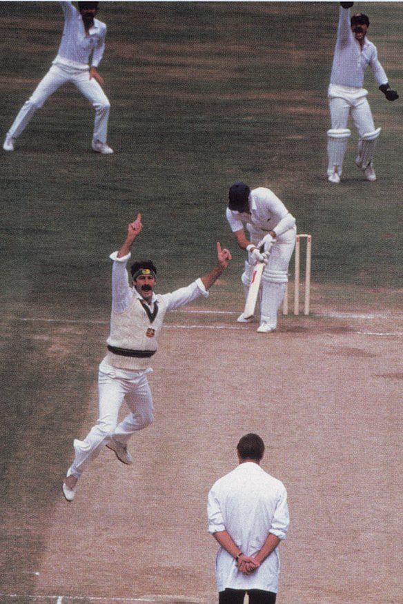 Dennis Lillee appeals as he traps English opener Geoffrey Boycott in front in 1981.