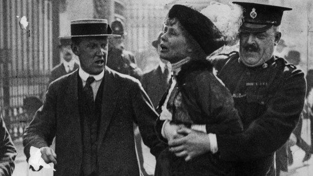 Suffragette leader Emmeline Pankhurst  is arrested outside Buckingham Palace in 1914

