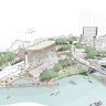 Images of the southern end of South Bank Parklands showing green space and a restructred entry to the Goodwill Bridge where the current Queensland Maritime Museum is today.