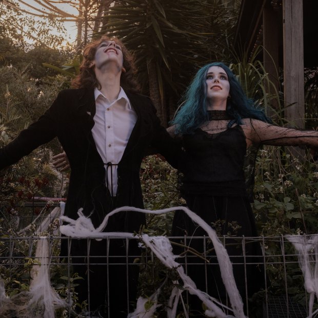 Good mates Francesco Robins and Sasha Love in Tim Burton-inspired corpse bride costumes.