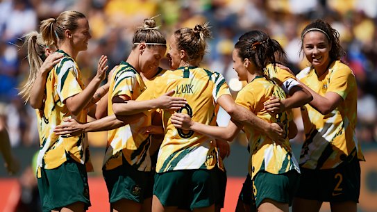 The Matildas celebrate a goal this month against Chile. 
