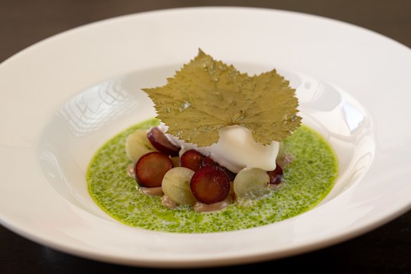 Revelatory: Goat’s curd sorbet, grapes and fig leaf oil.