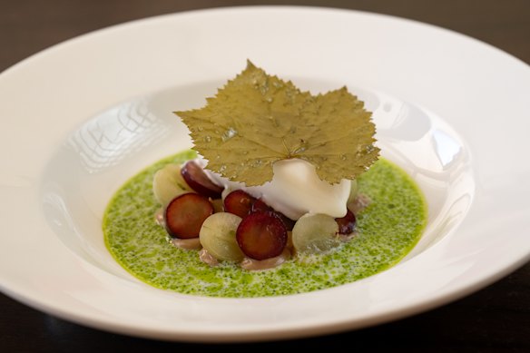 “Revelatory”: Goat’s curd sorbet, grapes and fig leaf oil.