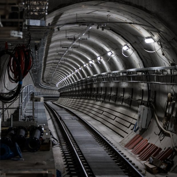 One of the twin metro rail tunnels beneath Pitt and Bathurst streets in the Sydney CBD.