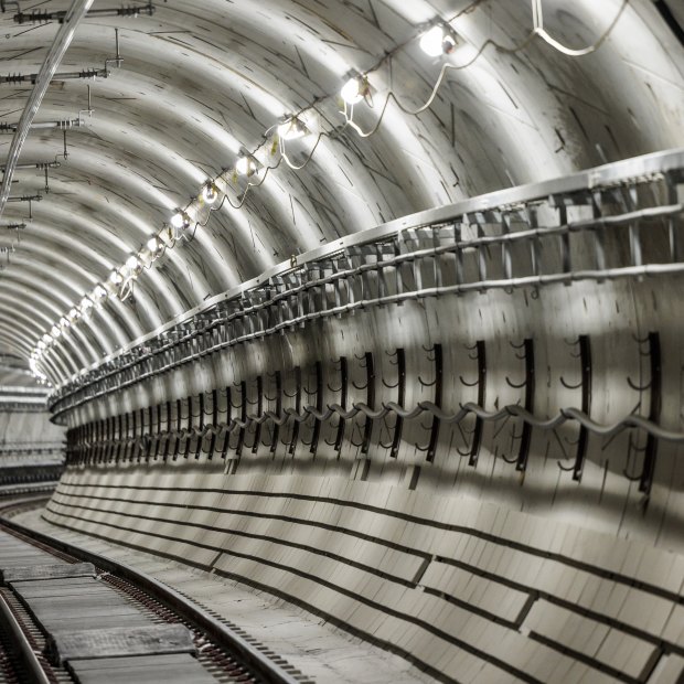 One of the sharpest curves on the new line is a section of rail tunnel between Pitt Street and Martin Place metro stations.