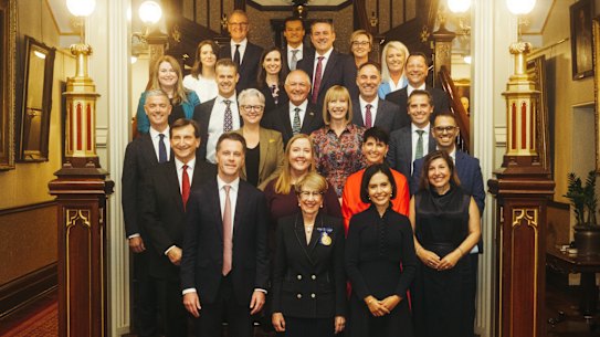 NSW ministers pose for the first time as a group after being sworn in at Government House.