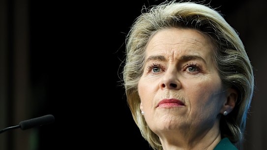 European Commission President Ursula von der Leyen listens to a question during an online news conference at the end of a EU summit at the European Council building in Brussels, Thursday, March 25, 2021.